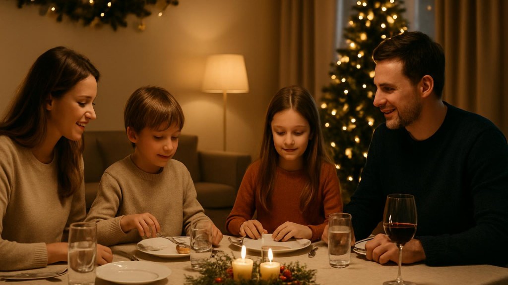 Famiglia con bambini in ambiente accogliente per Capodanno